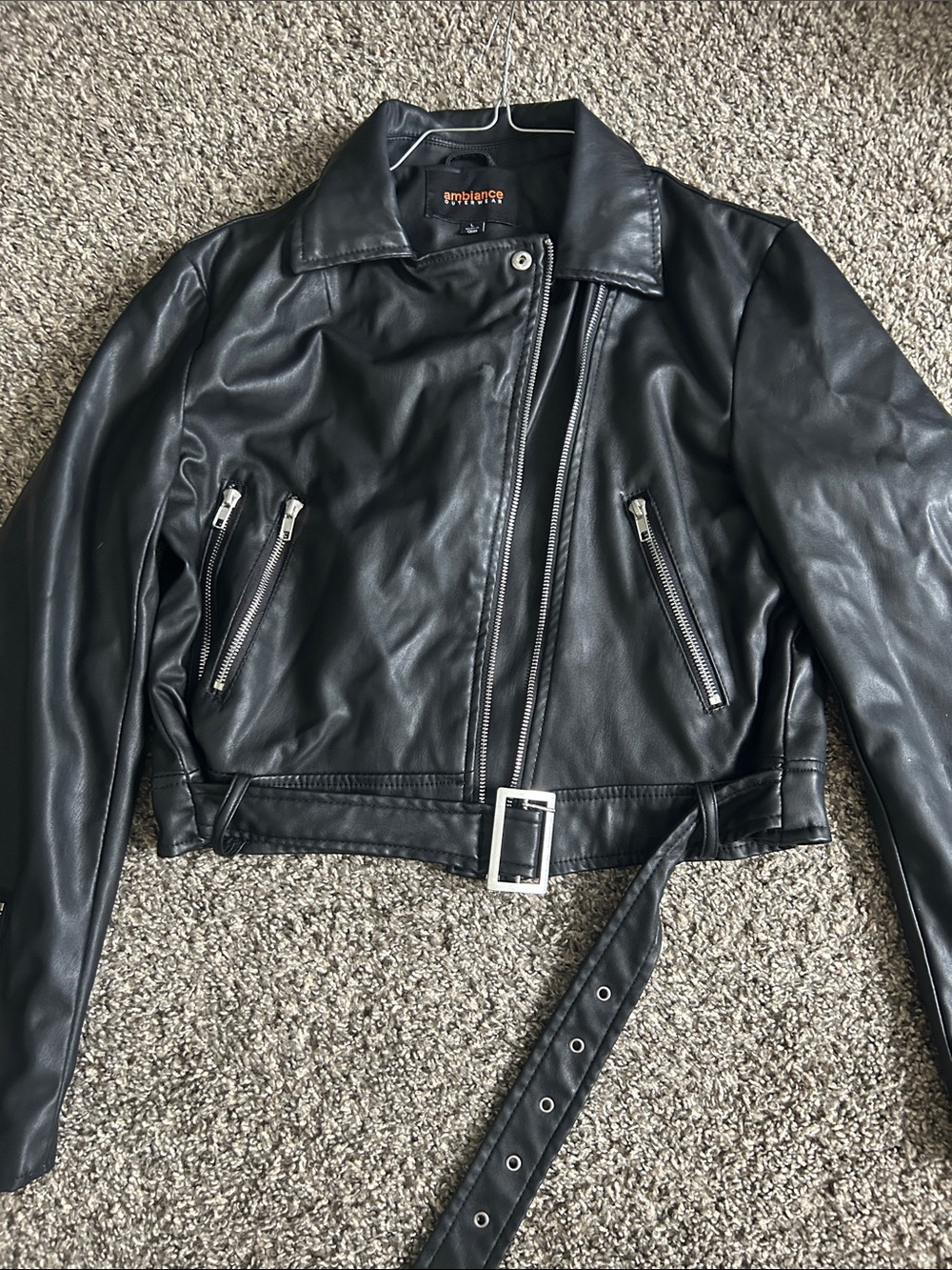 Ambiance Black Leather Biker Jacket with Belt